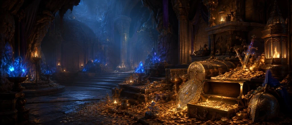 Dunkle Fantasie-Schatzkammer mit Gold, blauen Aether-Kristallen und antiken Artefakten.