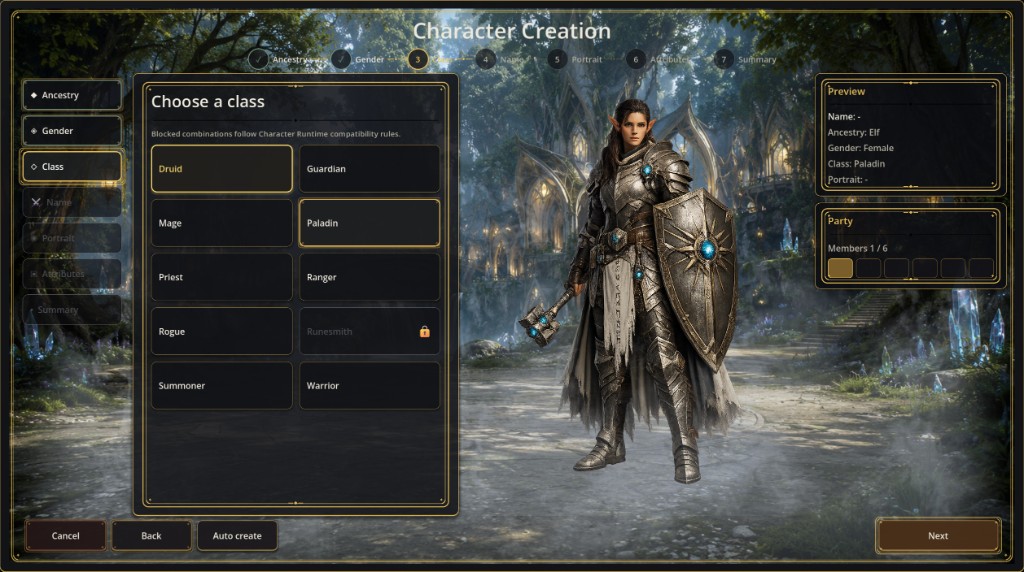 Weibliche Elfe als Paladin in der Charaktererstellung von Veildelve mit schwerer Plattenrüstung, Schild und Streitkolben