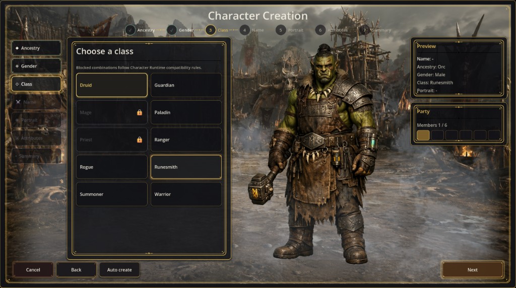 Männlicher Ork als Runenschmied in der Charaktererstellung von Veildelve mit Schmiedehammer und runenverziertem Werkzeug