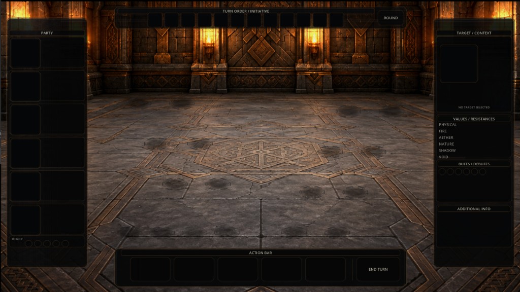 Früher Zwischenstand der Combat UI von Veildelve als Overlay über einer dunklen Fantasy-Kampfszene