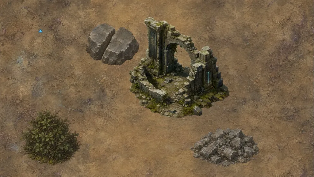 Früher In-Game-Test einer trockenen Oberweltregion in Veildelve mit Ruine, Felsen und Vegetation