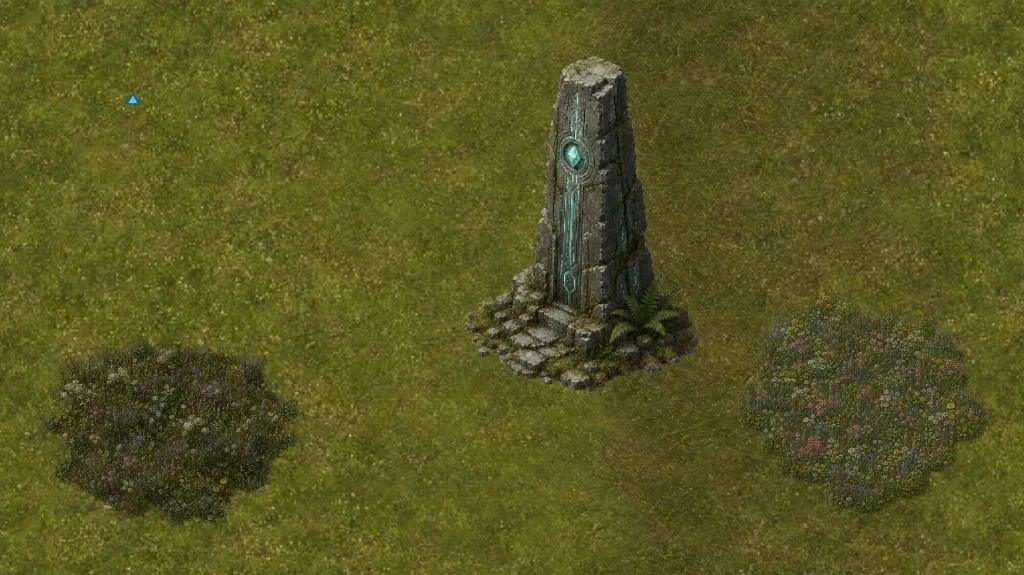 Früher In-Game-Test eines grünen Bioms in Veildelve mit Aether-Monument und dichter Vegetation