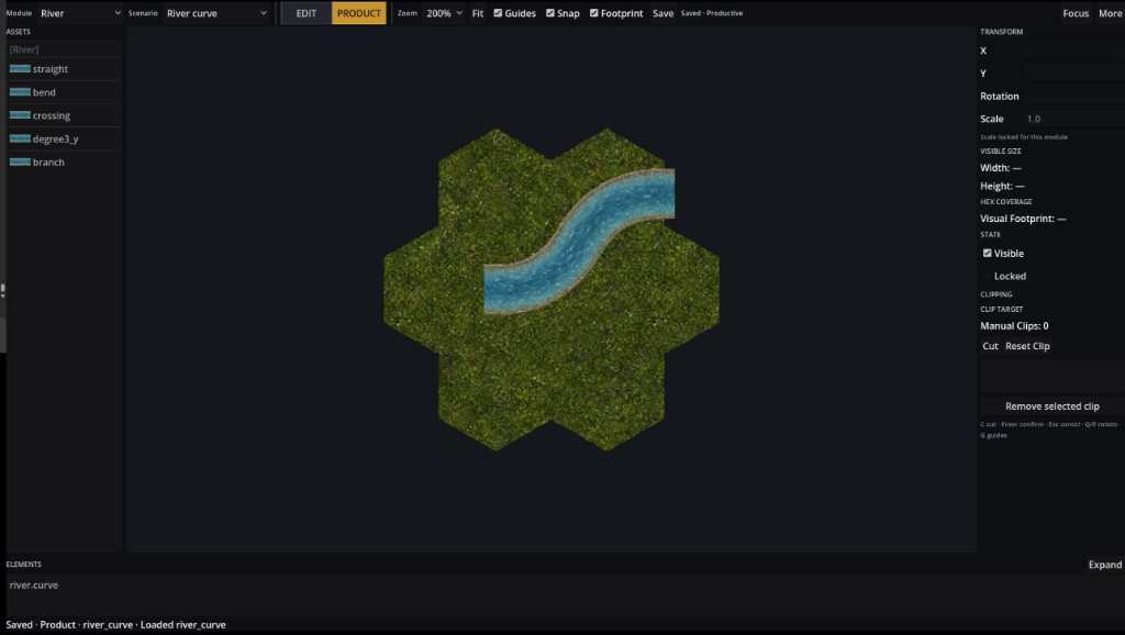 Flusskurve über mehrere verbundene Hexfelder in Veildelve mit gleichbleibender Wasserbreite