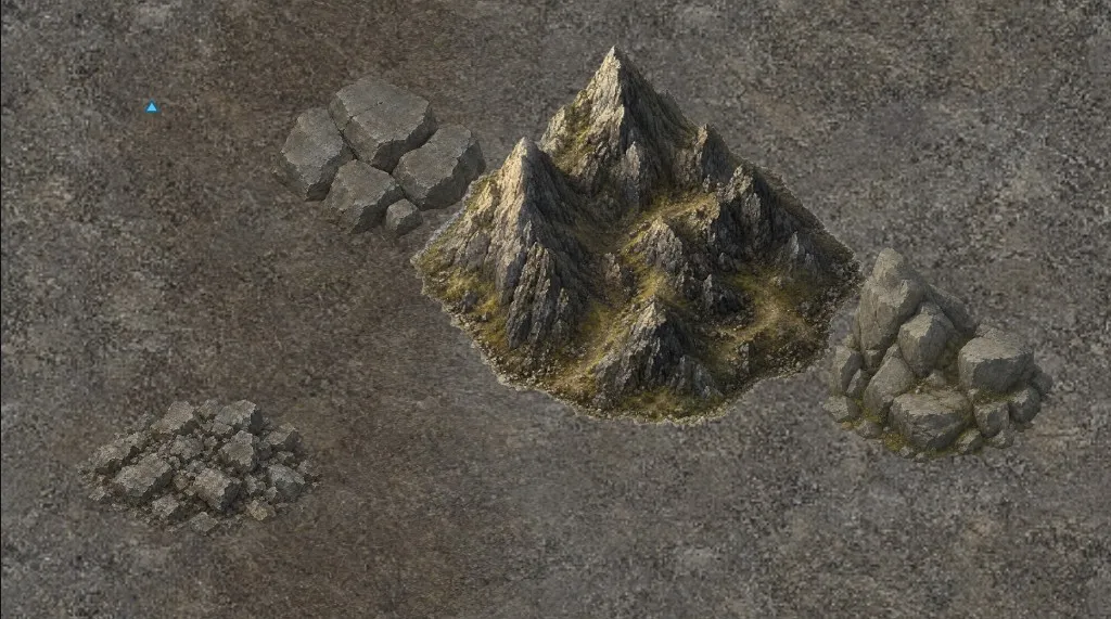 Früher In-Game-Test einer felsigen Oberweltregion in Veildelve mit großer Gebirgsformation