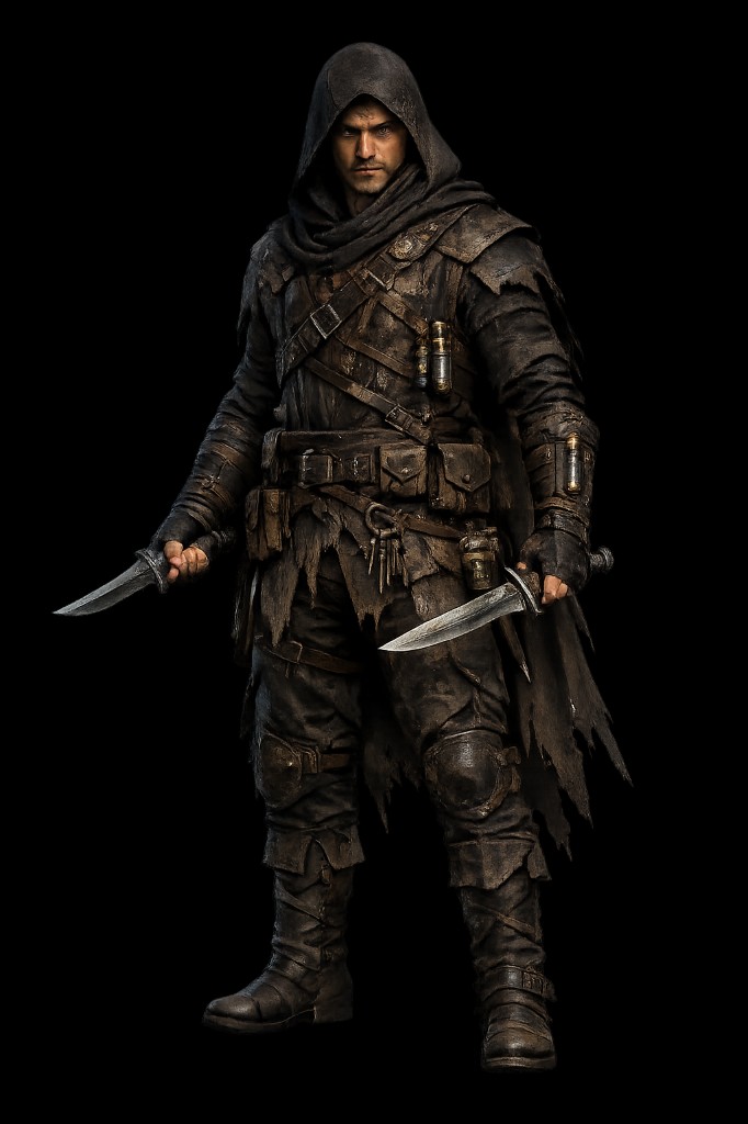 Male human as Rogue in dark hood with two daggers