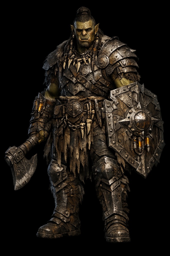 Male orc as Warrior with heavy armour and battle axe