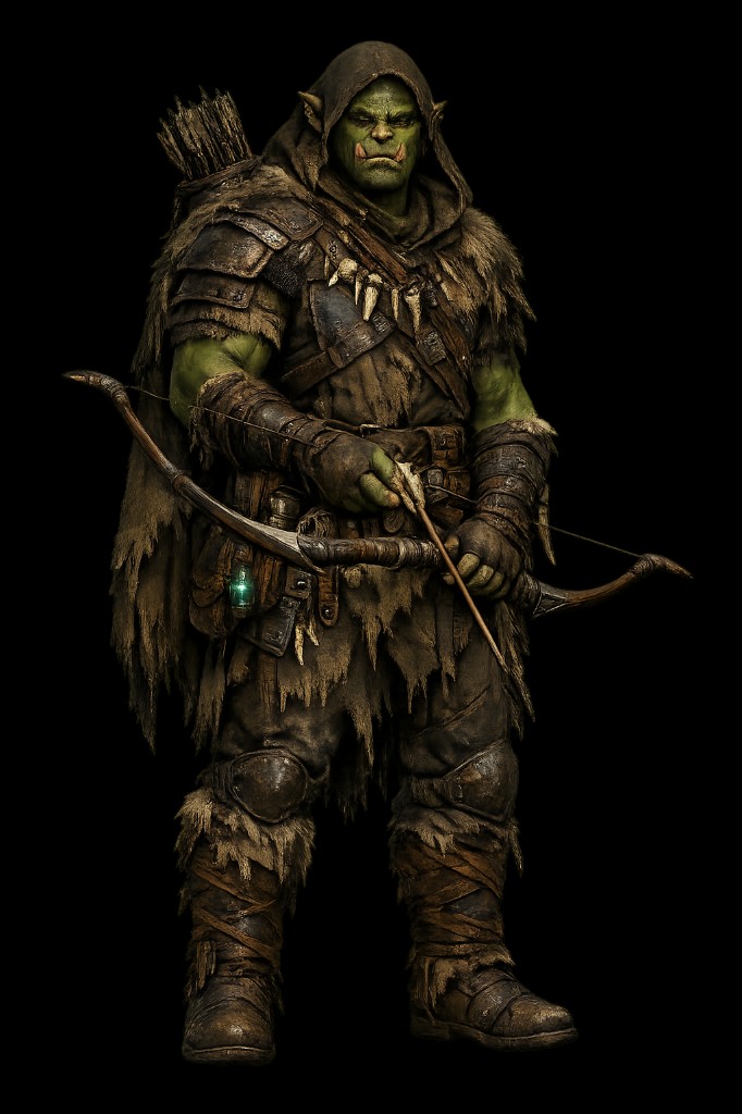 Male orc as Ranger with bow and quiver in dark wilderness gear