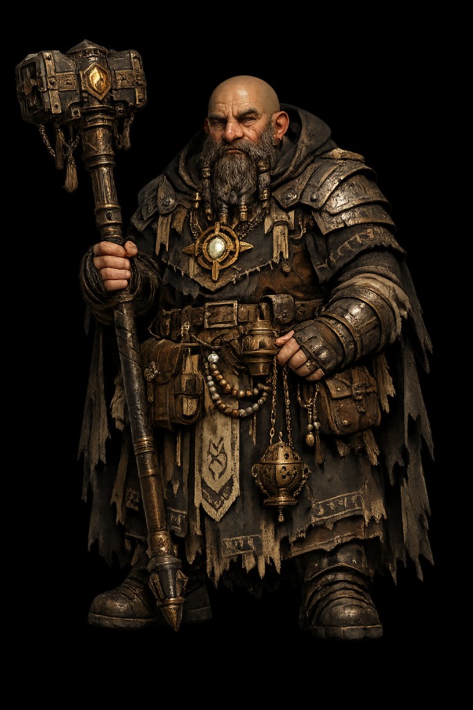 Male dwarf as Priest in dark robes with heavy armour and glowing mace