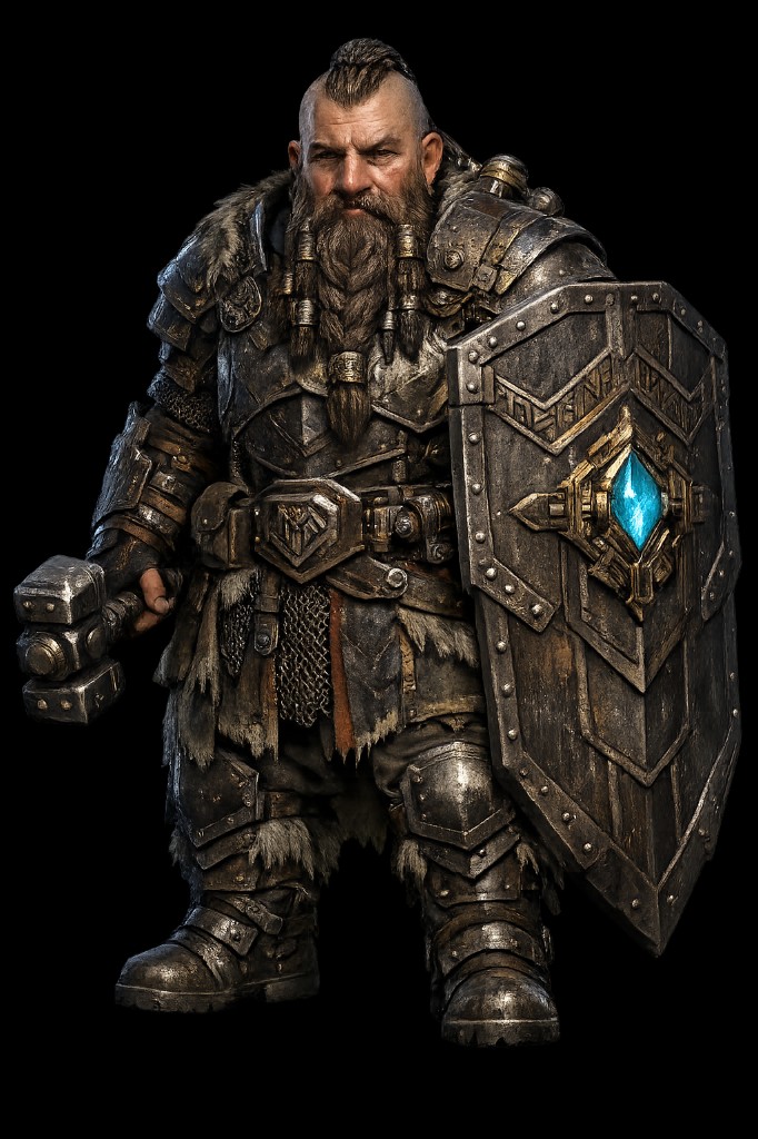 Male dwarf as Warden with heavy armour, shield, and war hammer