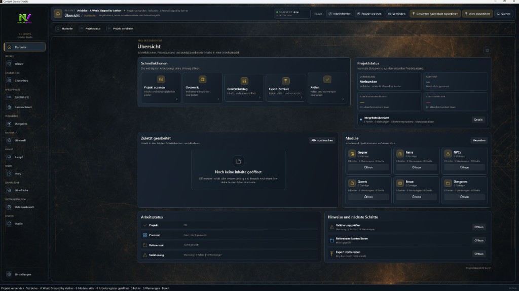 Dashboard-Übersicht des Content Creator Studios mit Schnellaktionen, Projektstatus und Modul-Übersicht für Veildelve