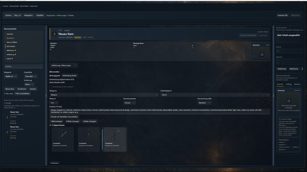 Item-Editor im Content Creator Studio mit Eigenschaftsfeldern, Prompt-Bearbeitung und Bildvorschau